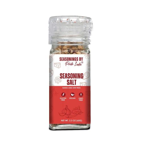 Pride of India Seasoning Salt 2.3 oz (65 gm) w/ Convenient Grinder Cap Tangy Spicy Taste | Himalayan Pink Salt Fresh Garlic Onion Spices | Used for Se